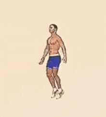 a shirtless man in blue shorts is jumping in the air .