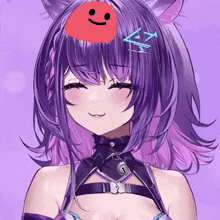 a girl with purple hair has a red smiley face on her forehead