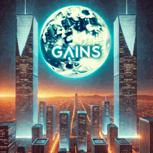 a cityscape with a full moon and the word gains