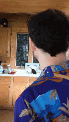 a man in a blue shirt with leaves on it stands in a kitchen