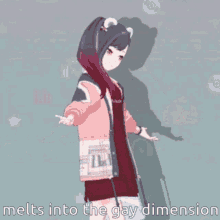 a cartoon of a girl with the words melts into the gay dimension on the bottom