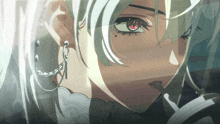 a close up of a person 's face with white hair