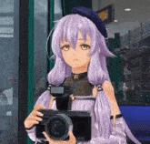 a girl with purple hair is holding a camera with the number 2 in the background