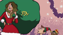 a woman in a santa outfit is carrying a green bag that says for