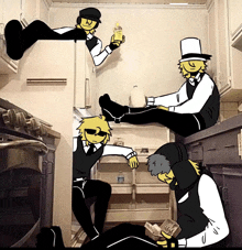 a man in a top hat sits on a kitchen counter holding a bottle