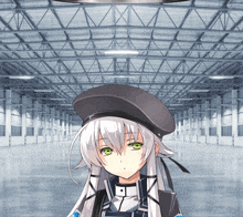 a girl with white hair and green eyes wearing a hat