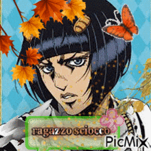 a picture of ragazzo sciocco with a butterfly and leaves in her hair