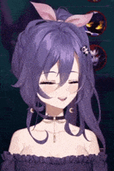 a girl with purple hair and a pink bow in her hair