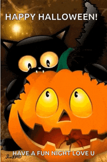 a black cat sitting on top of a pumpkin with the words happy halloween