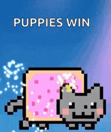 a pixel art cat is flying through the air with the words puppies win below it