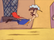 a cartoon character is flying through the air in front of a building
