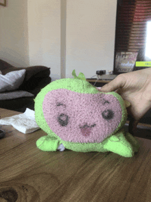 a person is holding a stuffed animal that has a pink face on it