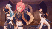 three anime characters are dancing in a room with the words fairy tale library visible