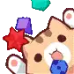 a pixel art of a cat with balloons and a star on its head .