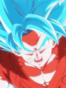 a close up of a cartoon character with blue hair and red muscles