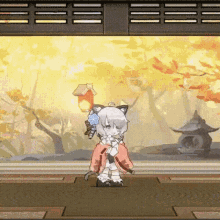 a cartoon girl is standing in a room with a cat on her head holding a lantern .