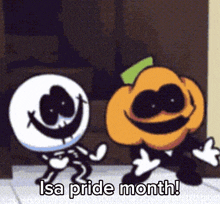 a cartoon of a skeleton and a pumpkin with the words isa pride month written below them