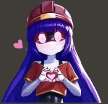 a girl with long purple hair is wearing a mask and making a heart shape with her hands