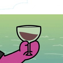 a cartoon drawing of a hand holding a wine glass with a green background