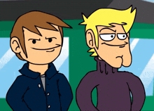 two cartoon characters are standing next to each other and one has a yellow hair