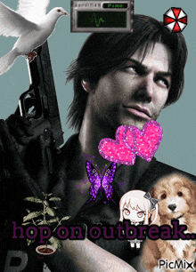 a picture of a man with a gun and the words hop on outbreak on the bottom