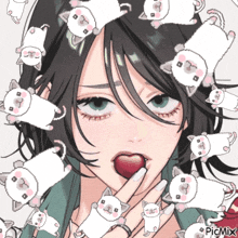 a picture of a girl surrounded by cats with picmix in the bottom right corner