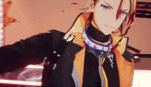 a man in a black and yellow jacket has a collar with the letter k on it