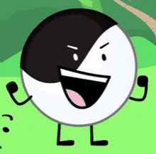 a black and white yin yang symbol with arms and legs is smiling and laughing .