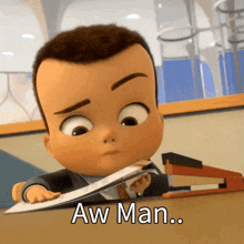 a baby from the boss baby is sitting at a desk with a stapler