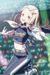 a girl is singing into a microphone wearing a shirt that says katsukashi