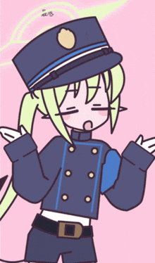 a cartoon drawing of a girl in a police uniform with the letter d on her belt