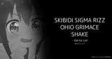 a black and white cartoon of a girl with the words skibidi sigma rizz ohio grimace shake