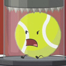 a cartoon tennis ball is sitting in a glass container