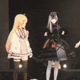 a girl in a black dress stands next to a girl in a white coat