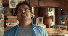 a man wearing glasses and a blue shirt stands in front of books