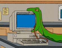 a cartoon of a snake biting into a computer with a blue screen