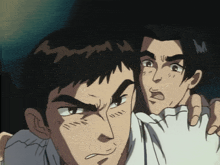 a cartoon of two men looking at each other with the letter m on their forehead