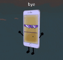 a cell phone with arms and legs and the word bye written above it
