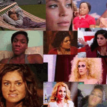 a collage of women 's faces including one of a woman laying on a hammock