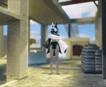 a cartoon character with a mask on her head stands in a hallway