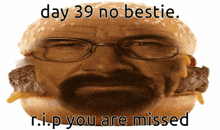 a hamburger with a man 's face on it and the words day 39 no bestie