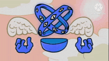 a cartoon drawing of a person with wings and a blue object with eyes