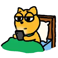 a cartoon cat with glasses is laying in bed looking at a cell phone