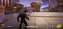 a video game screen shows a black panther standing in front of a large building