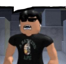 a cartoon character wearing sunglasses and a black shirt is standing in a room .