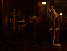 a cartoon character standing in a dark room with a crown on his head