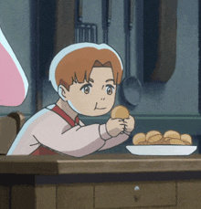 a cartoon of a child holding a cookie in front of a plate of cookies