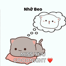 a cartoon cat is laying on a pillow with the words miss you goodnight above it