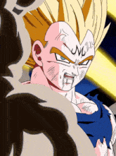 a close up of a cartoon character with the letter m on his forehead