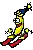 a pixel art drawing of a cartoon character holding skis .